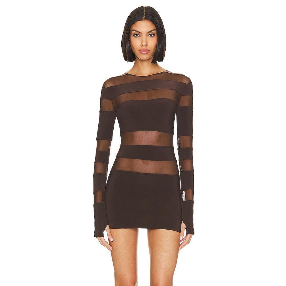 Norma Kamali Spliced Dress Fishtail Gown in Chocolate/Chocolate Mesh